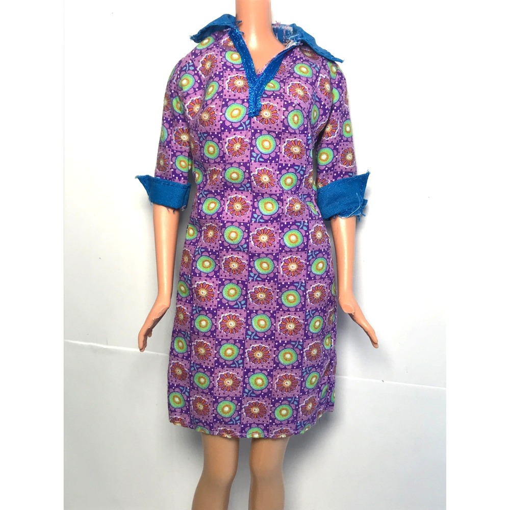 Barbie Doll Clothing Purple Geometric Circle Print Blue Collar Cuffs Y2K Dress